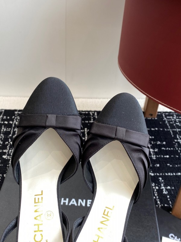2025 Women Chanel Black Satin Leather High Heels Bow Slingback KFY00289
