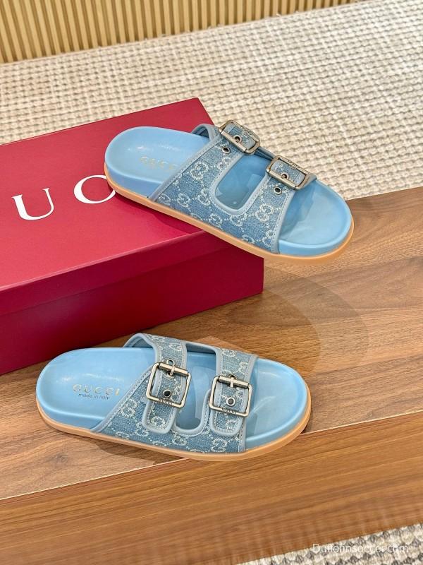 2025 Women Gucci Light Blue Canvas Leather Sandals