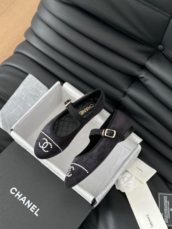 2025 Women Chanel Black Velvet Mary Jane Embroidered LY00280