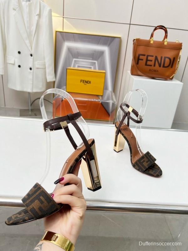 2025 Women Fendi Brown Leather Suede High Heel Sandals
