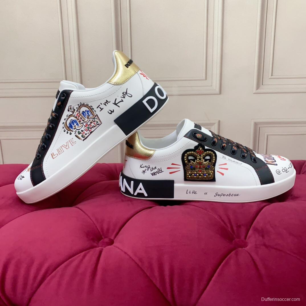 2025 Unisex Dolce & Gabbana White Black Gold Leather Sneakers Embroidered LY00340(F)/LY00360(M)