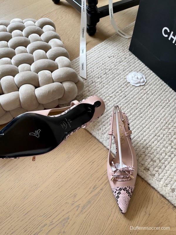 2025 Women Chanel Pink Python Leather Bow High Heels KFY00320