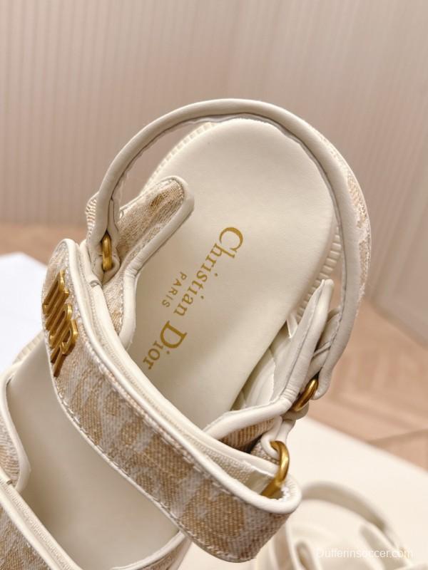 2025 Women Dior Beige Canvas Sandals Magic Tape LY