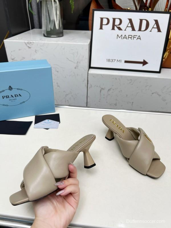 2025 Women Prada Beige Leather High Heel Sandals