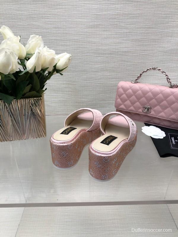2025 Women Chanel Pink Tweed Platform Slippers LY00320