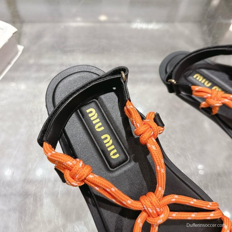 2025 Women Miu Miu Orange Black Rope Leather Sandals