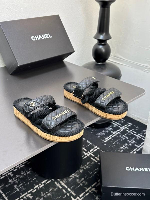 2025 Slippers Chanel Black Leather Cork Sole Sandal LY00250
