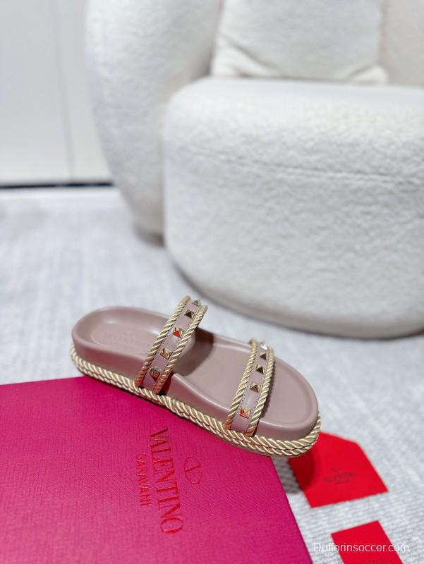 2025 Women Valentino Beige Leather Slippers