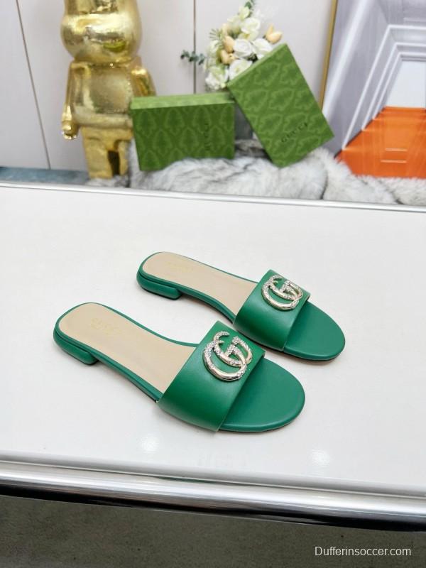2025 Women Gucci Green Leather Flat Heel Slippers Double G Buckle MJ00190