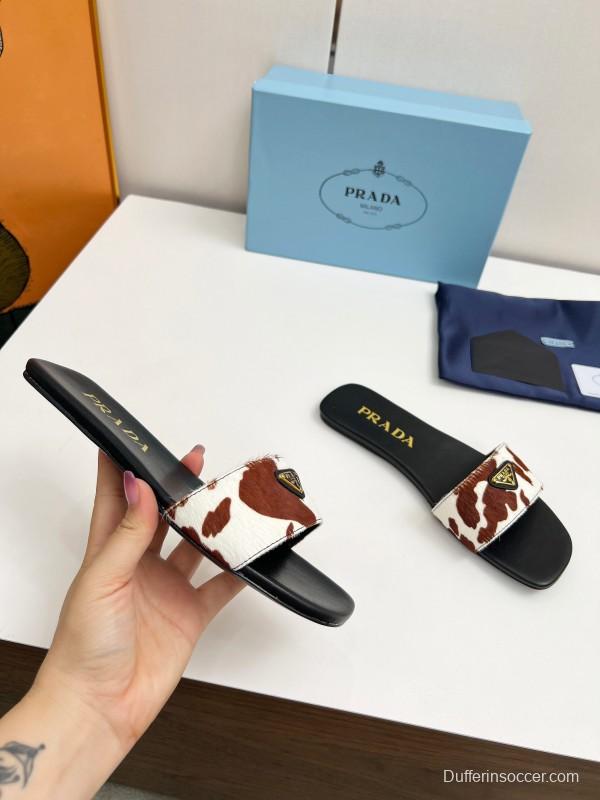 2025 Women Prada Brown White Calf Hair Leather Slippers LY00220