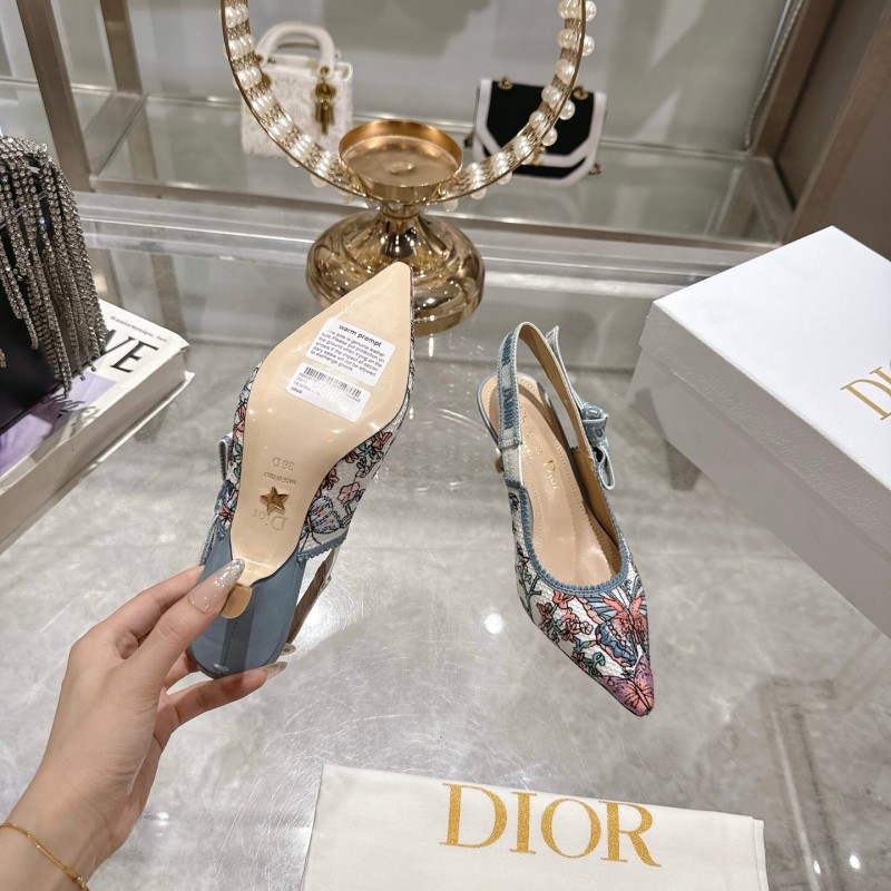 2025 Women Dior Blue Pink Embroidered Fabric Slingback Heels