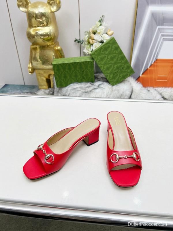 2025 Women Gucci Red Leather Heeled Mules Metal Ornament