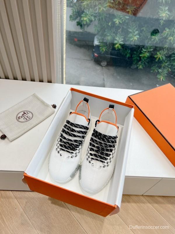 2024 Unisex Hermès White Black Orange Calfskin Suede Knit Sneakers MJ00290
