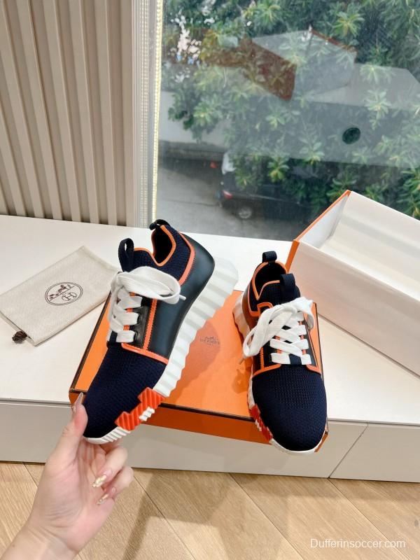 2024 Unisex Hermès navy orange knit leather sneakers
