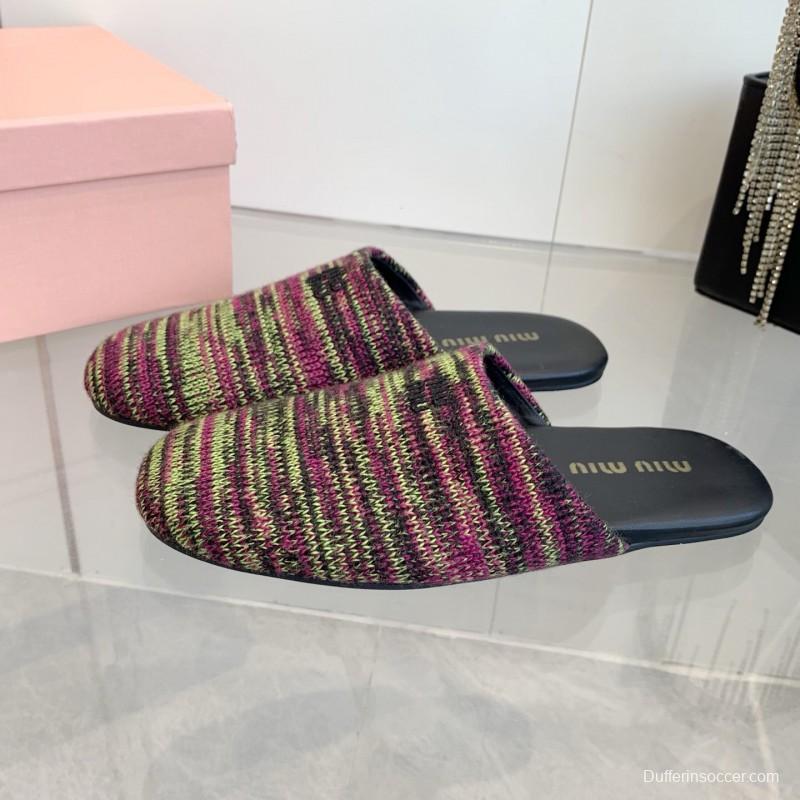 2025 Miumiu Purple Green Black Knitted Slippers