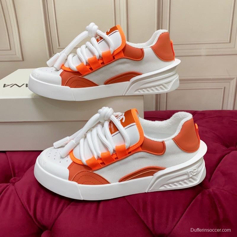 2025 Unisex Dolce & Gabbana Orange White Mesh Leather Sneakers