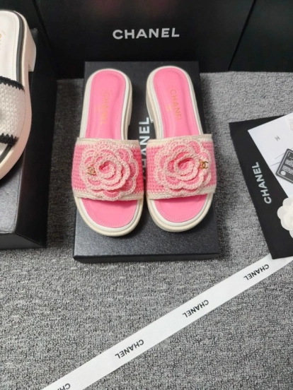 2025 Slippers Chanel Pink Straw Slide Floral LY00360