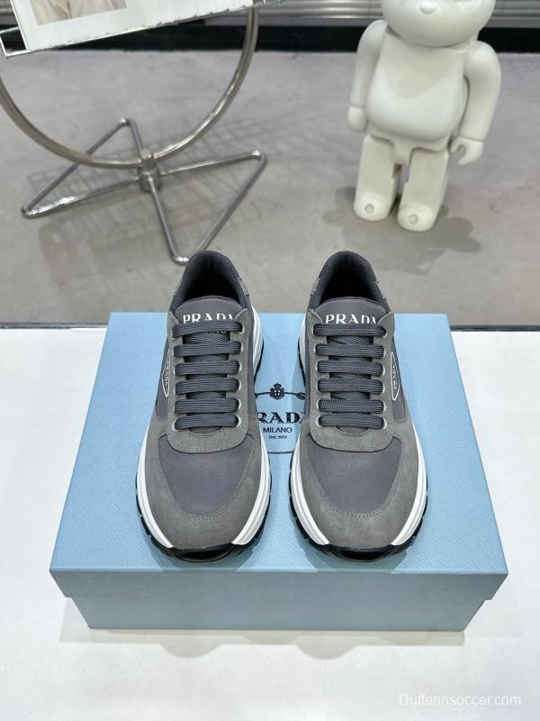 2025 Unisex Prada Grey Suede Leather Sneakers KFY00310