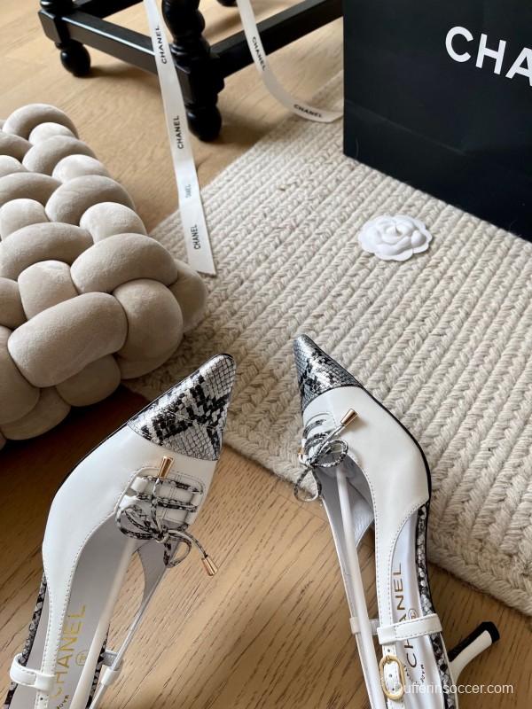 2025 Women Chanel White Black Python Leather Slingback Heels
