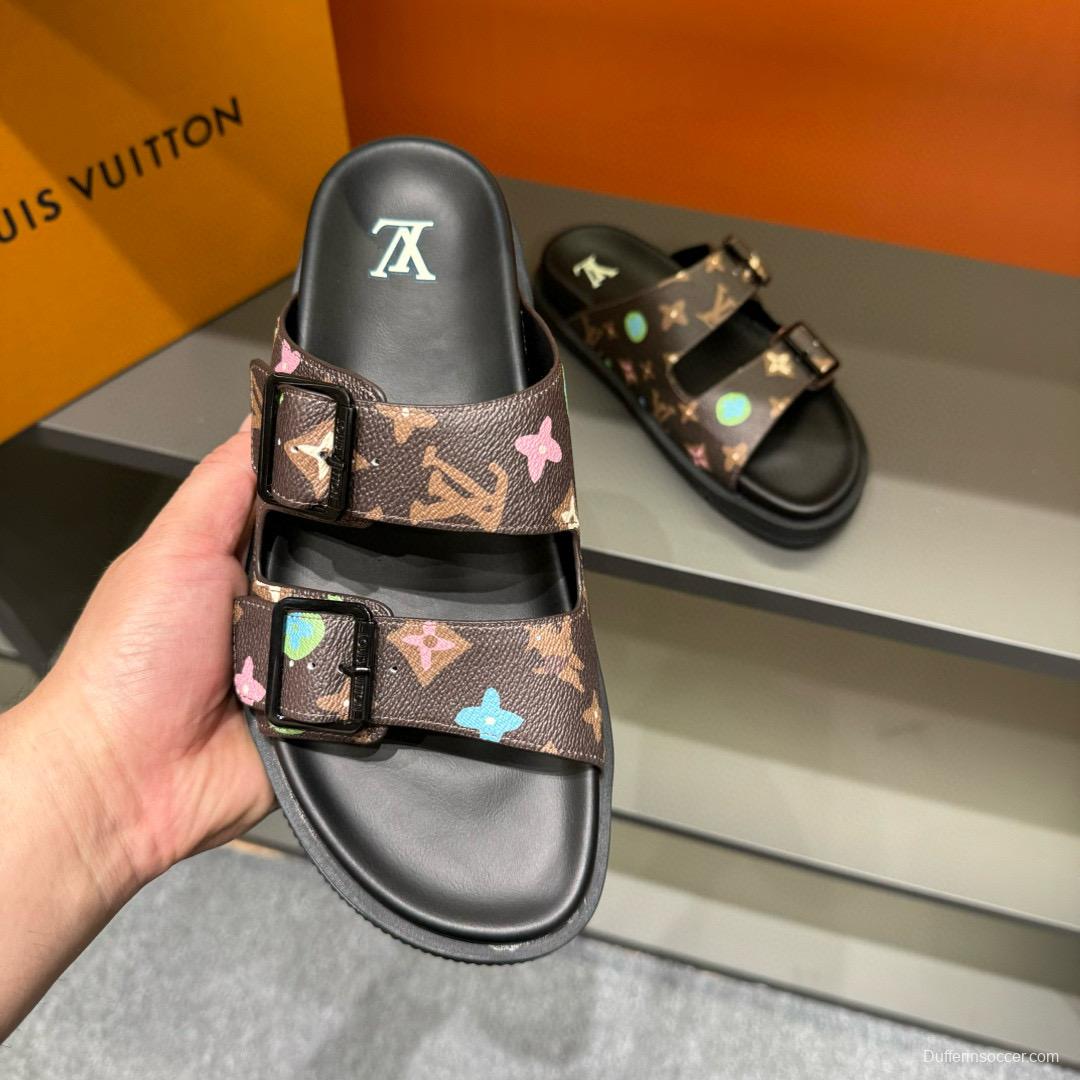 2024 Men Louis Vuitton Brown Black Rubber Leather Sandals Oblique MJ00210