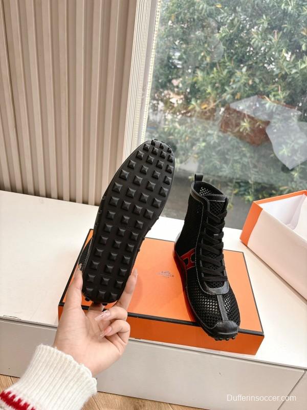 2025 Women Hermès Black Mesh Leather Boots