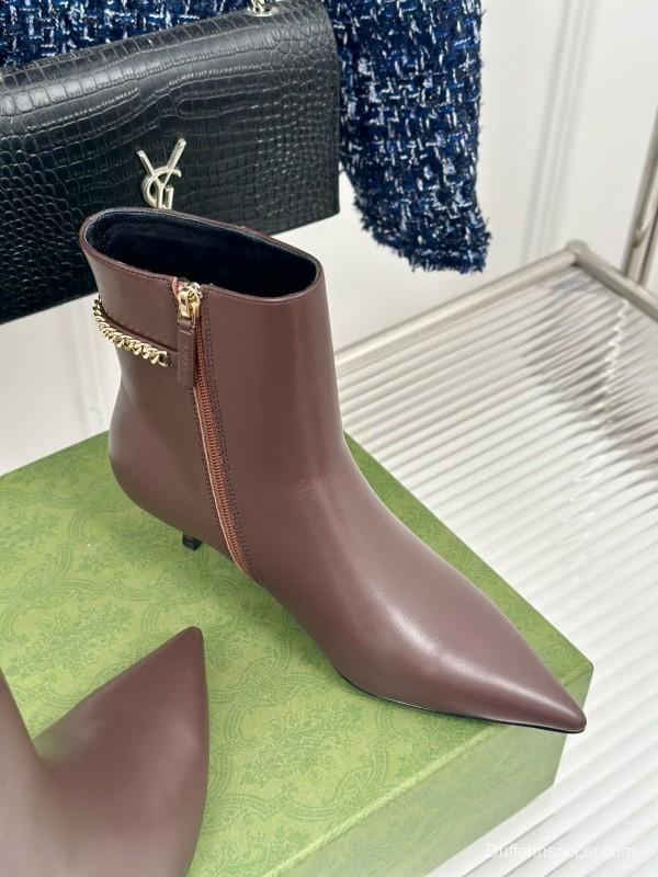 2024 Women Gucci Brown Calfskin Ankle Boots Chain Detail MJ00410