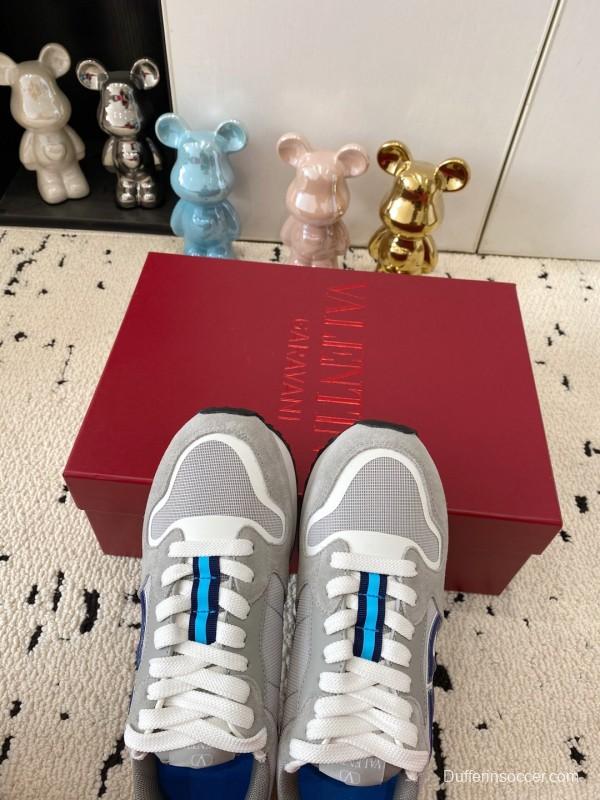 2025 Unisex Valentino Grey Blue White Leather Silk Glossy Running Sneakers LY00340