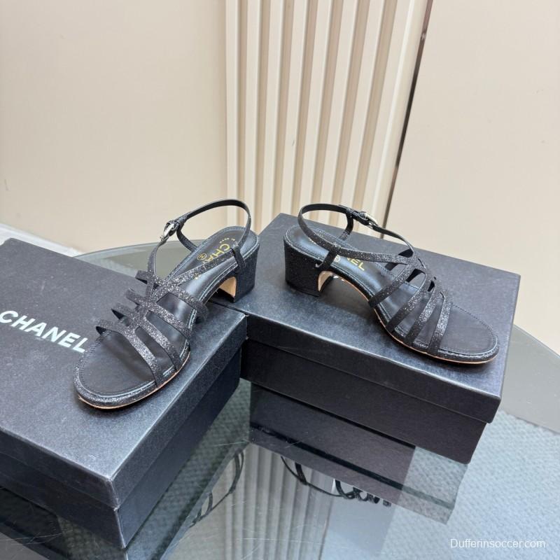 2025 Women Chanel Black Leather Sandals KFY00290