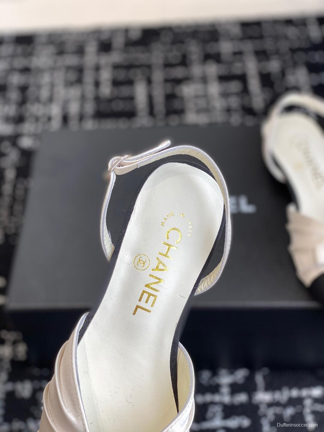 2025 Women Chanel Black Beige Silk Leather Sandals Bow KFY00289