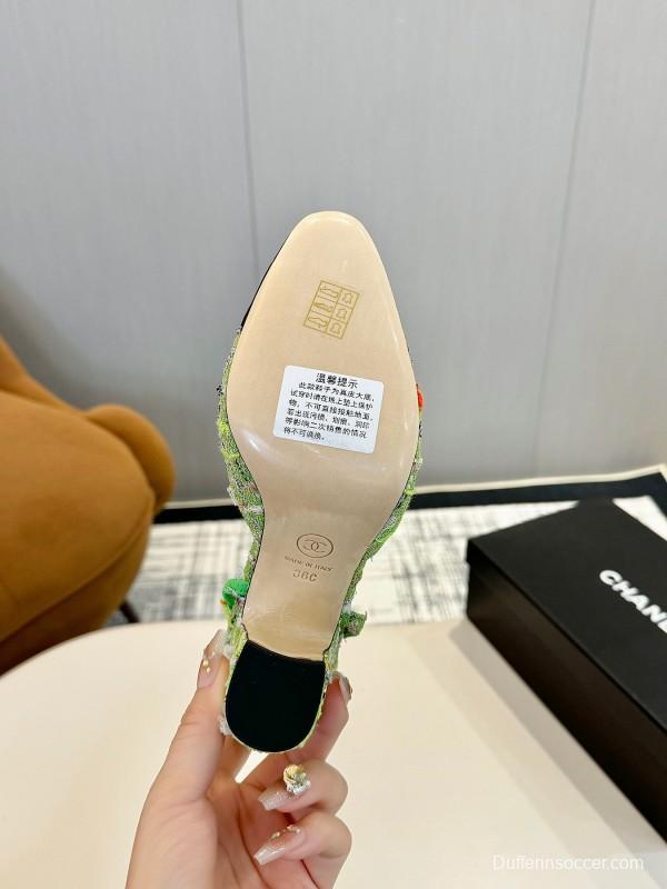 2025 Women Chanel Green Black Tweed Pump Slingback LY00270