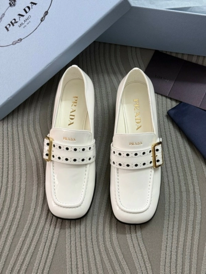 2025 Women Prada White Leather Loafers KFY00320