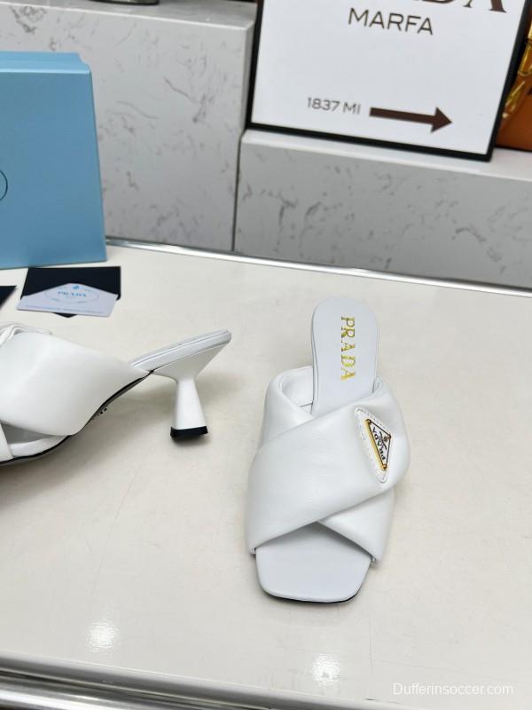 2025 Women Prada White Calf Leather Heeled Slide LY00270