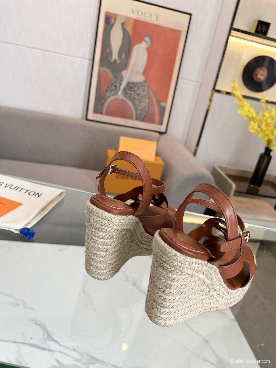 2025 Women Louis Vuitton Brown Leather Espadrilles Sandals MJ00280