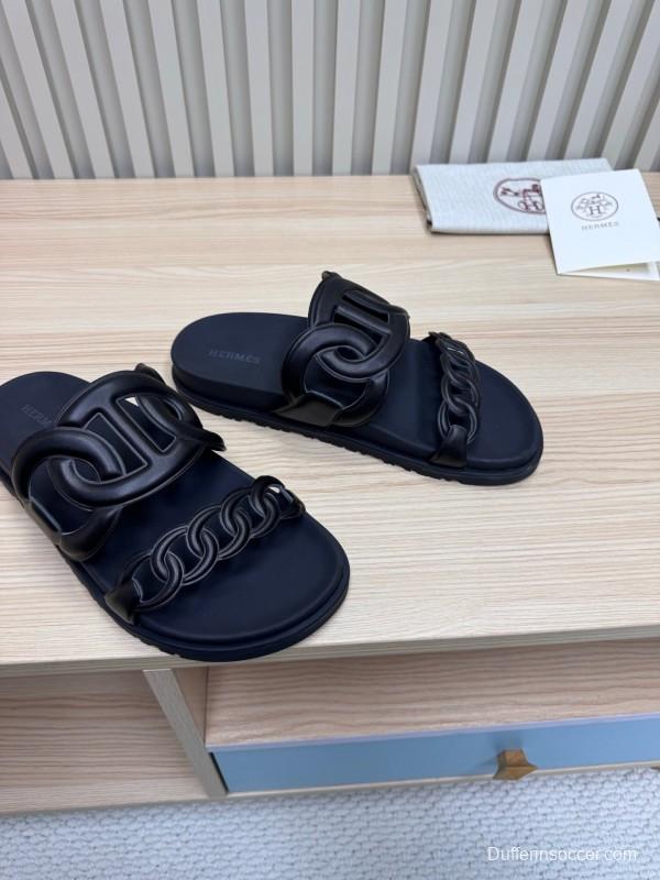2025 Slippers Hermès Black Leather Slippers