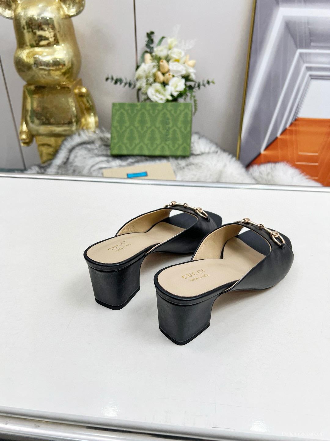 2025 Women Gucci Black Leather Mules Classic Buckle MJ00180