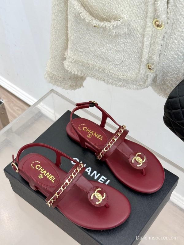 2025 Women Chanel Red Leather Sandals Chain Decoration