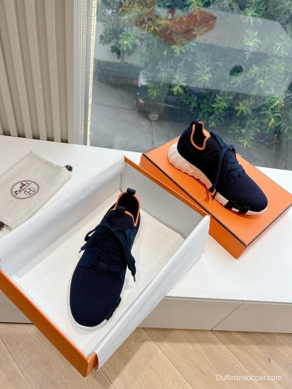2024 Unisex Hermès爱马仕 Navy Orange White Knit Leather Sneakers MJ00290