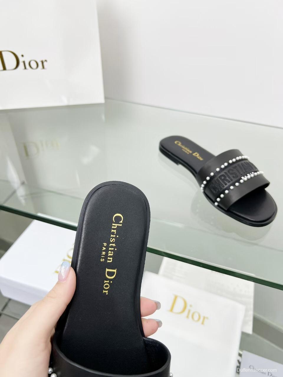2025 Women Dior Black Leather Slippers Pearl Embellishment LY00190