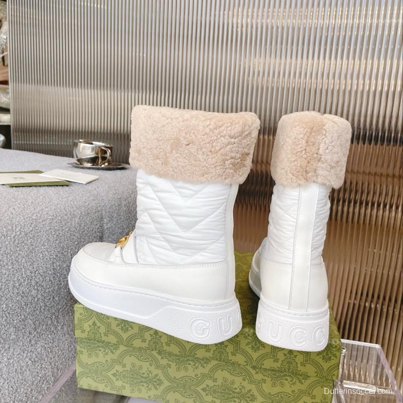 2024 Women Gucci White Sheepskin Snow Boots Gold Hardware