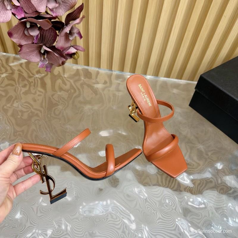 2025 Women Yves Saint Laurent Brown Leather High Heel Sandals Metal Logo MJ00310