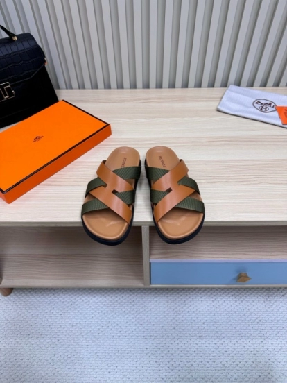 2025 Slippers Hermès Brown Green Leather Fabric Slippers