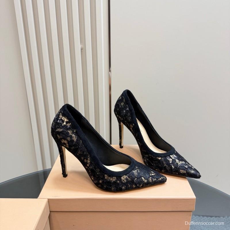 2025 Women Gianvito Rossi Black Lace Leather High Heel KFY00280