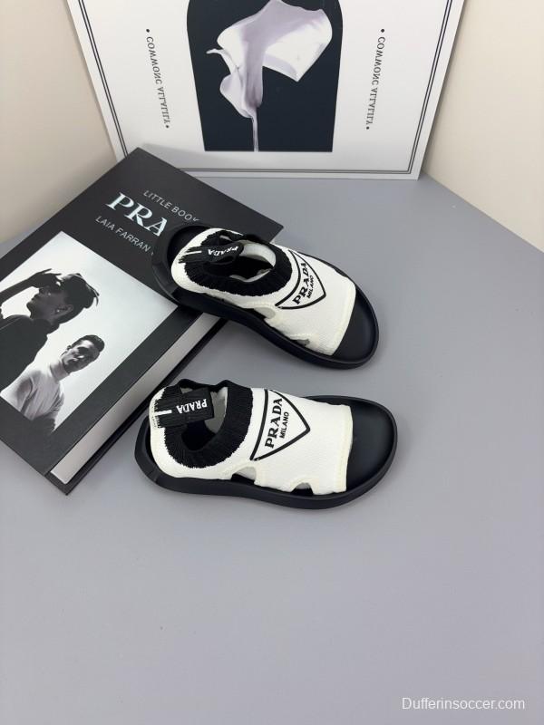 2025 Kids PRADA Black White Fabric Sandals