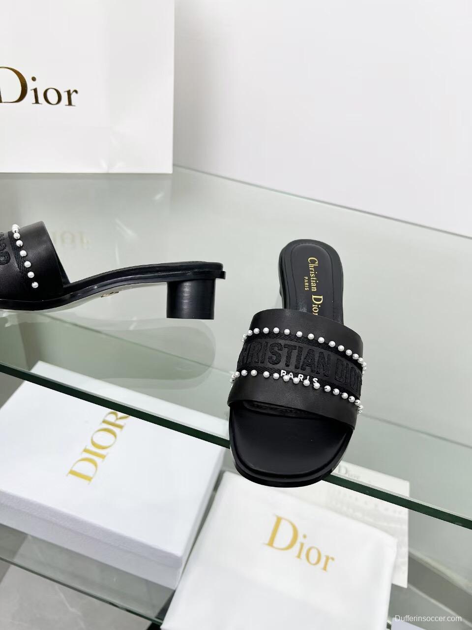 2025 Women Dior Black Leather Mules Pearl LY00210