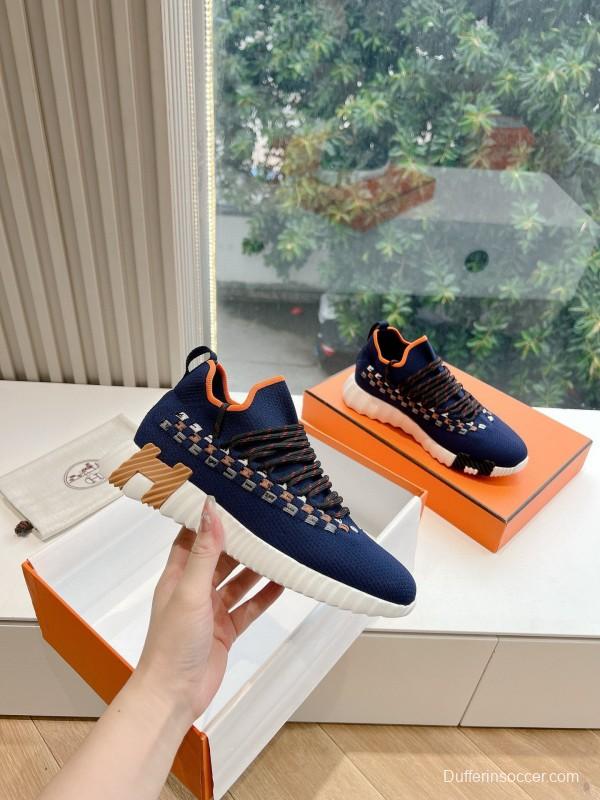 2024 Unisex Hermès Navy Orange Knit Leather Sneakers