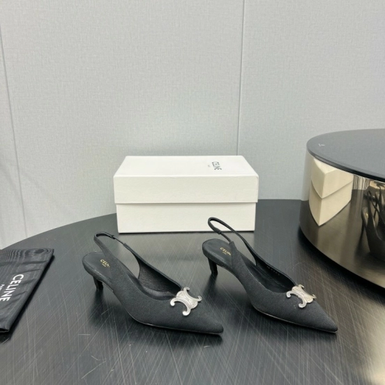 2025 Women Celine Black Fabric Leather Slingback Kitten Heels KFY00290