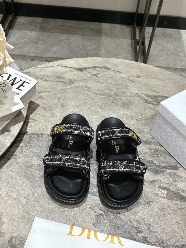 2025 Women Dior Black White Fabric Leather Sandals KFY00300