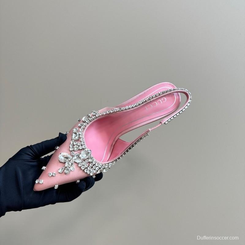 2025 Women Gucci Pink Silk High Heel Slingback Crystal LY00340
