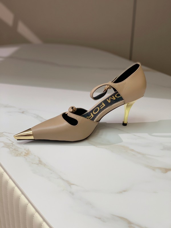 2025 Women TOM FORD Beige Leather Pointed Toe Metal Tip Pumps KFY00320
