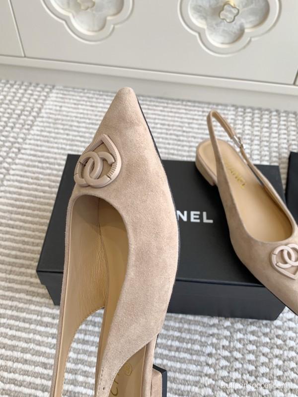 2025 Women Chanel Beige Suede Slingback Heart Logo KFY00300